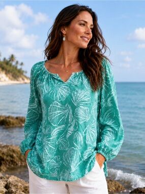 Fresh Produce 100% Cotton Seashell Print Tunic Top XS Blue Green Coastal Beachy